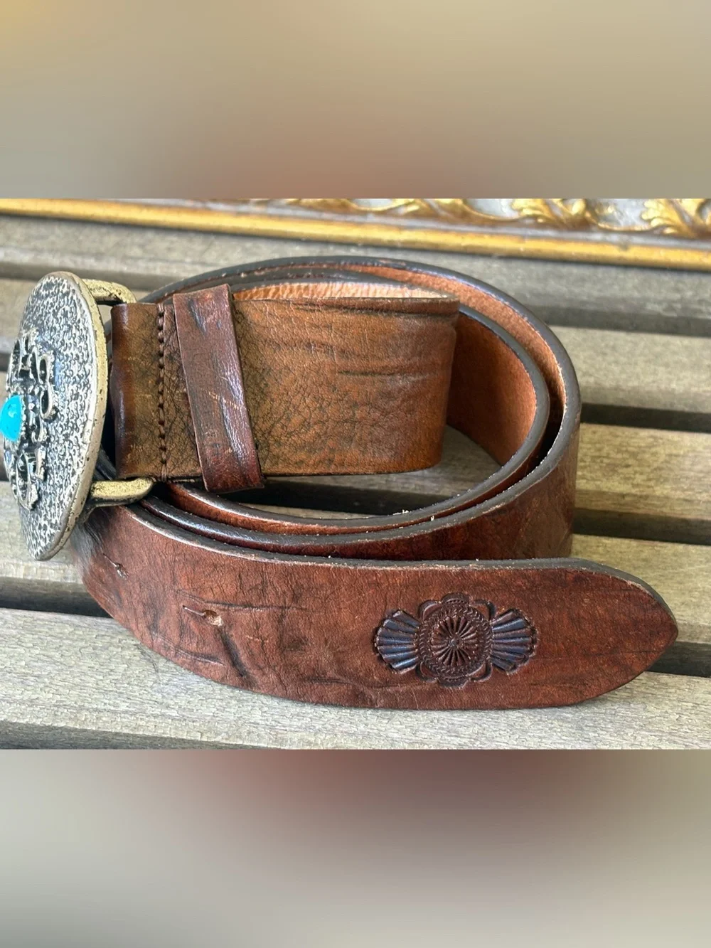 Women's Guido Angeloni Leather Belt Brown Faux Turquoise Silver Tone Buckle XL